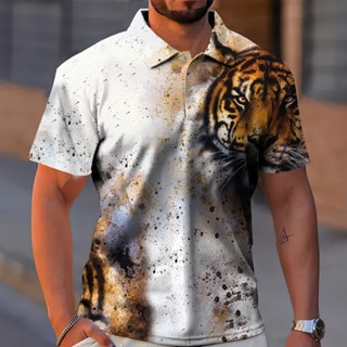動物男式 Polo 3d Tiger&Lion 印花兇猛野獸男裝夏季休閒短袖寬鬆大碼襯衫高級上衣