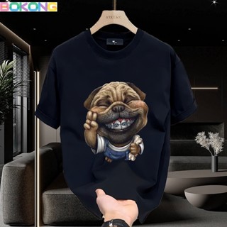 【Bokong】卡通時尚圓領短袖T恤寬鬆基本款上衣狗紋黑色男士襯衫