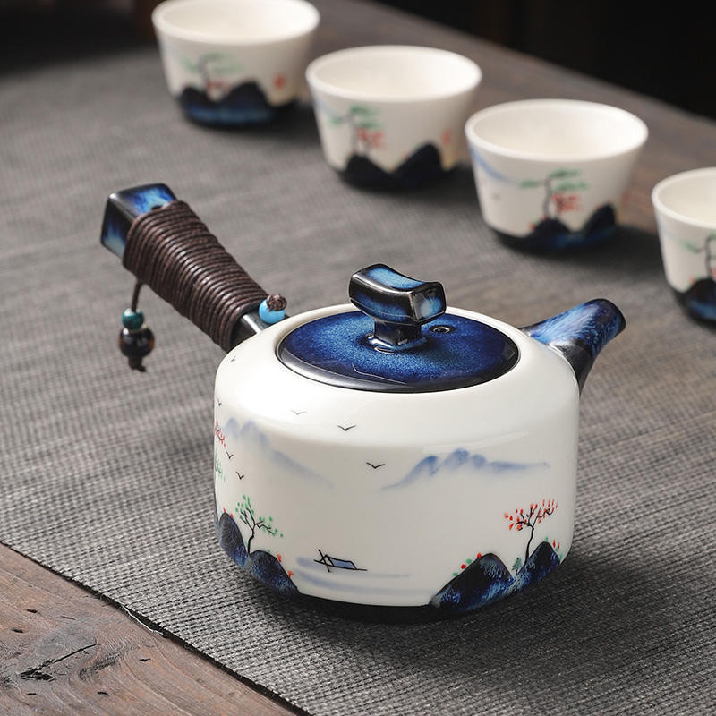 喝茶必備 天目釉側把壺 單茶壺  家用手繪山水圖復古泡茶器茶壺 手把綁繩茶壺