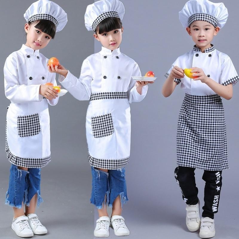 ✨小不點兒✨兒童廚師裝飾服 親子廚師服演出服兒童幼兒小廚師服裝COS廚師角色扮演衣服格子（100-160cm）