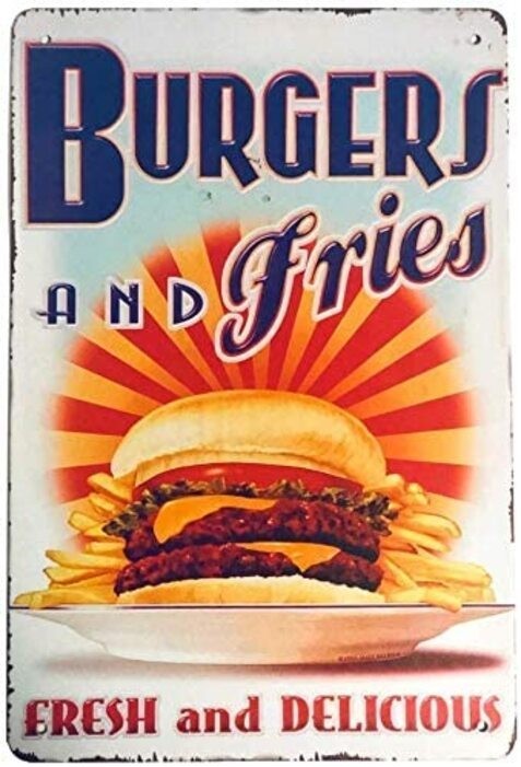 老式金屬標誌漢堡和薯條,家庭廚房餐廳餐車快餐店的牆壁裝飾