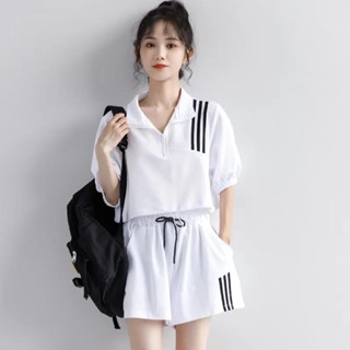 【女士套裝】 夏季韓版polo領上衣+寬版短褲休閒跑步套裝時尚兩件套