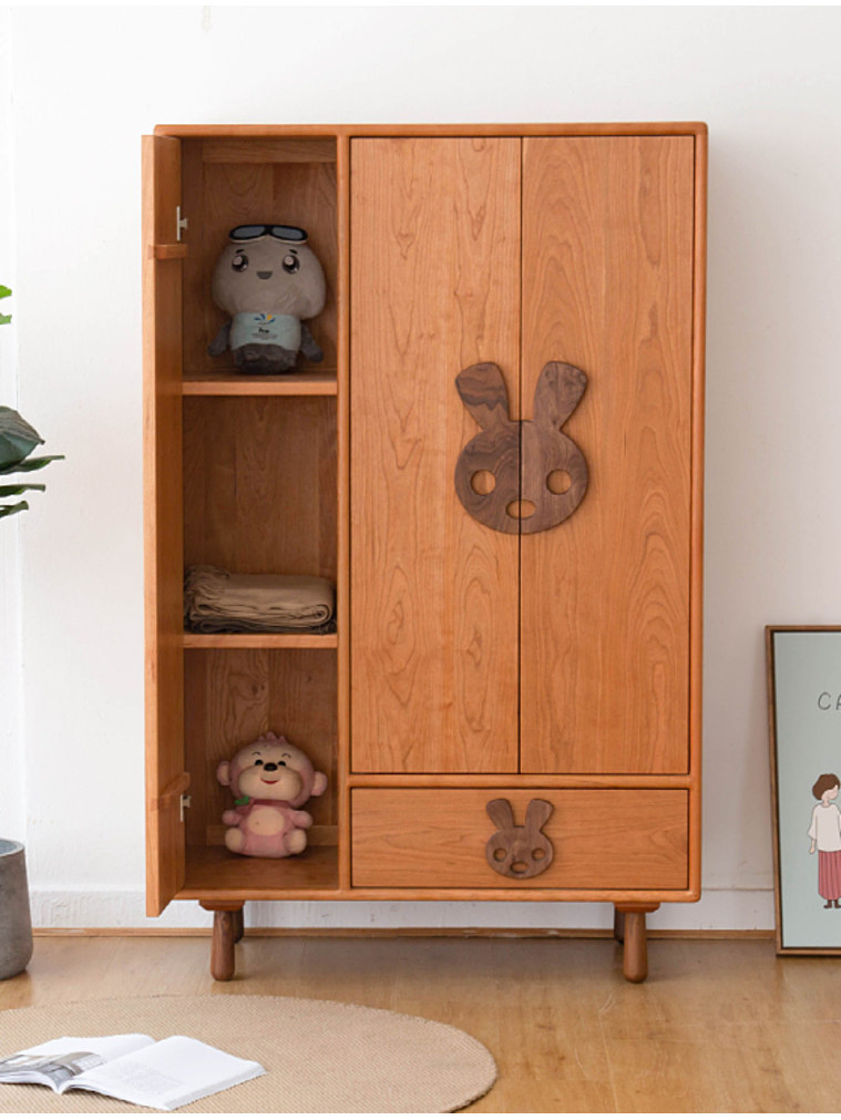可愛兔 全實木北歐創意兒童衣櫃櫻桃木三門小衣櫥環保兒童房家具