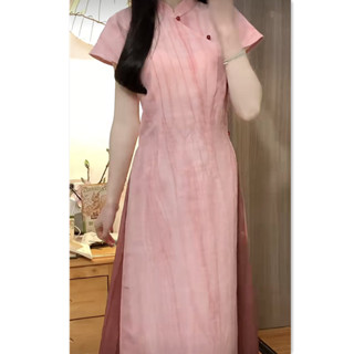 臺灣出貨 |桃夭|新中式透氣夏季改良旗袍長洋裝女裝茶系復古國風兩件套