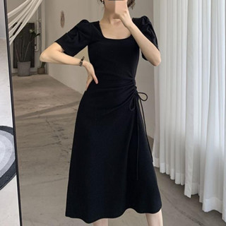 黑色短袖洋裝 夏季方領洋裝 時尚中長裙a字裙