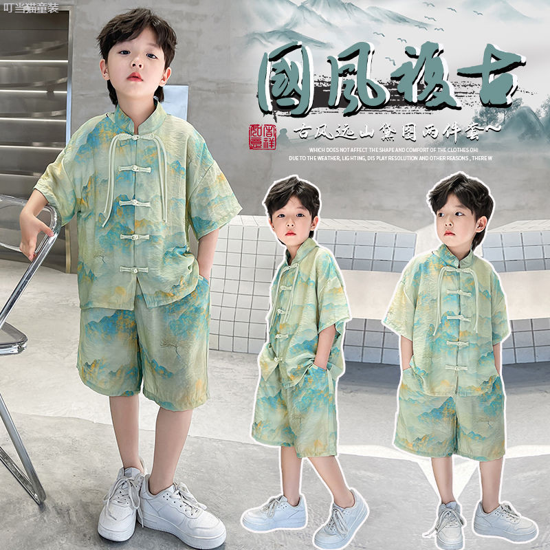 爆款現貨 小男生穿的唐裝 男童套裝 新中式國男童中國風 男童盤扣短袖唐裝 兩件套 極速出貨