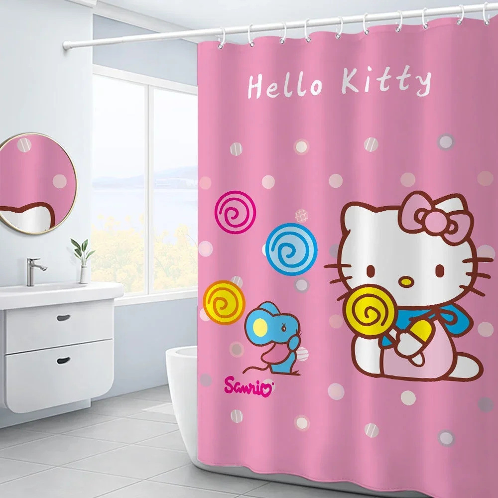 三麗鷗 Hello Kitty 卡哇伊卡通浴簾防水防黴浴屏帶掛鉤動漫家居裝飾