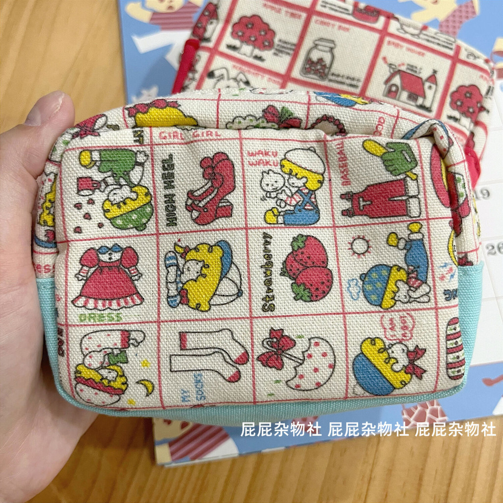日本復古昭和風可愛卡通帆布化妝包 口紅雜物收納小包包零錢卡包