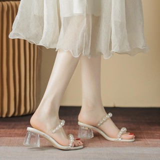 高跟鞋涼鞋女夏季新款珍珠透明跟粗跟中跟羅馬仙女鞋