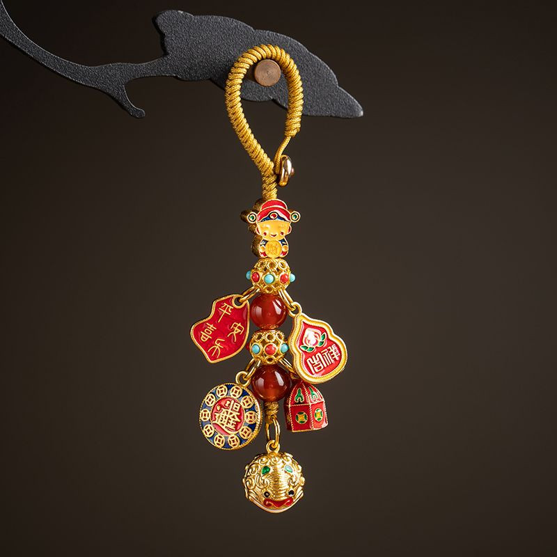 「招財納福」沙金銅鑰匙扣吊飾鈴鐺平安喜樂國風男女士包包掛飾品