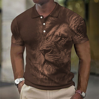 動物男式 Polo 衫 3d Tiger&Lion 印花兇猛野獸男裝夏季休閒短袖寬鬆大碼襯衫高級上衣