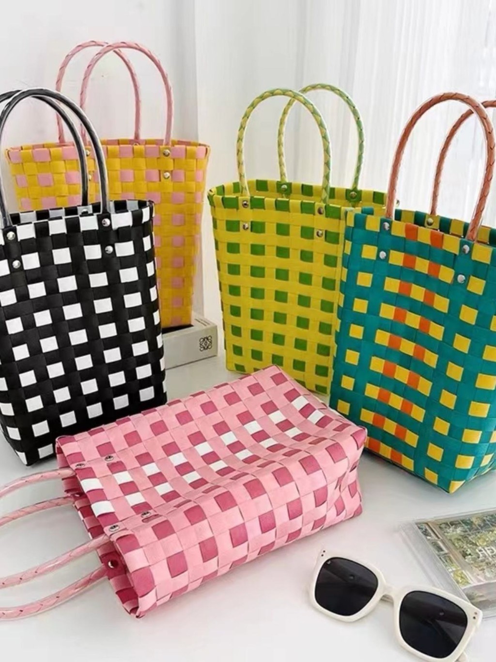 手工編織菜籃子包手提禮品收納袋可愛彩色清新塑膠編織籃菜籃子包