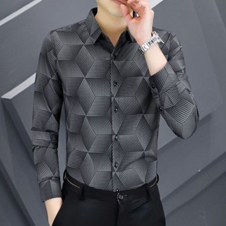 24小時速發#短版上衣 男士衣著 長袖襯衫男輕奢潮牌高階歐貨微彈力緊身免燙印花襯衫男 大尺碼