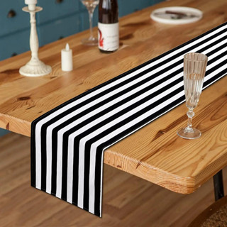 經典黑白條紋桌布優雅滌綸木紋餐桌裝飾,適合室內戶外萬聖節