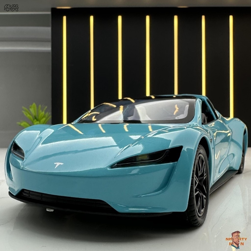 【華興模型玩具】 [NAU-MAN]1:24特斯拉Roadster敞篷車模型回力聲光音效兒童玩具車汽車內飾擺件合金跑車收