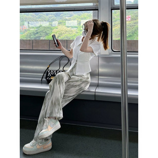 夏季女裝 顯瘦穿搭 冰冰涼涼休閒紮染透氣闊腿褲女潮 歐美ins 寬鬆 拖地長褲