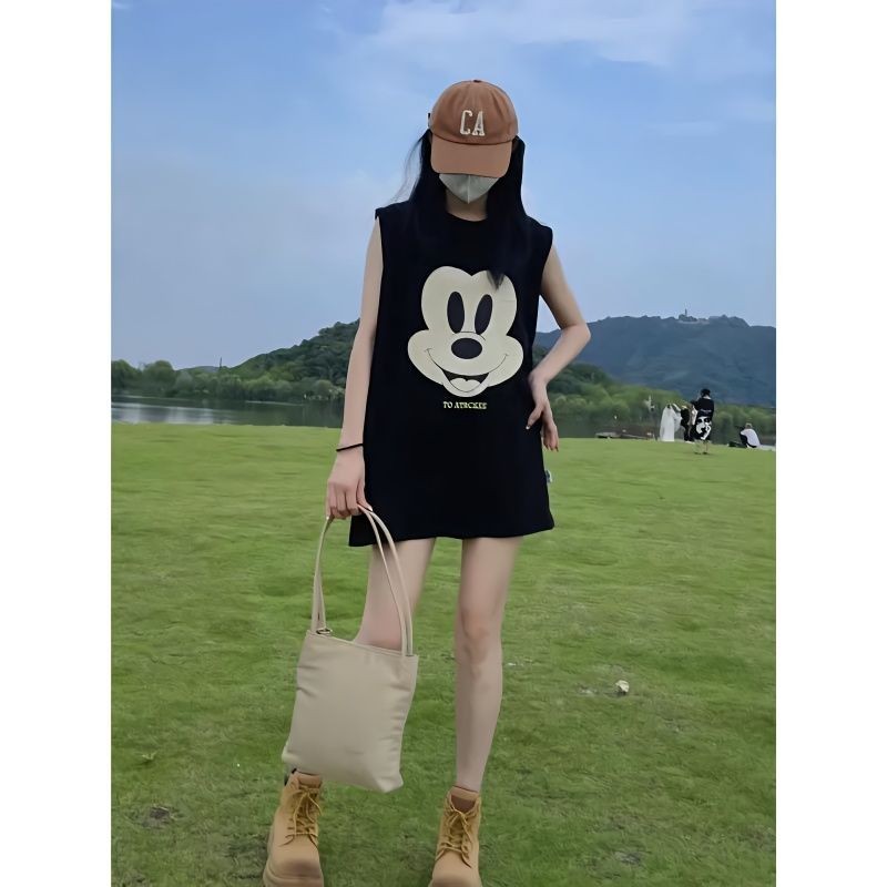 $免運$ 短袖上衣女 t恤女 下半身失蹤上衣 背心女 背心T恤 大尺碼短袖 卡通米奇印花無袖t恤女纯棉背心上衣ins潮