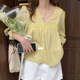 韓版長袖襯衫 時尚v領洋氣襯衫 減齡寬鬆上衣