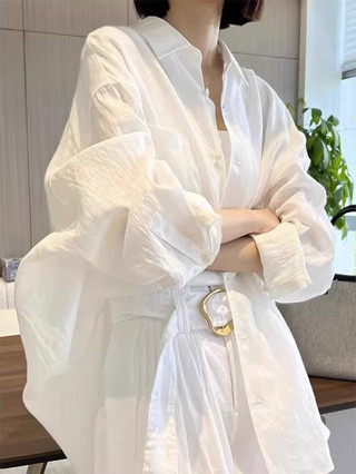 白色棉麻長袖襯衫女春季法式寬鬆外搭防晒襯衫設計感小眾亞麻上衣