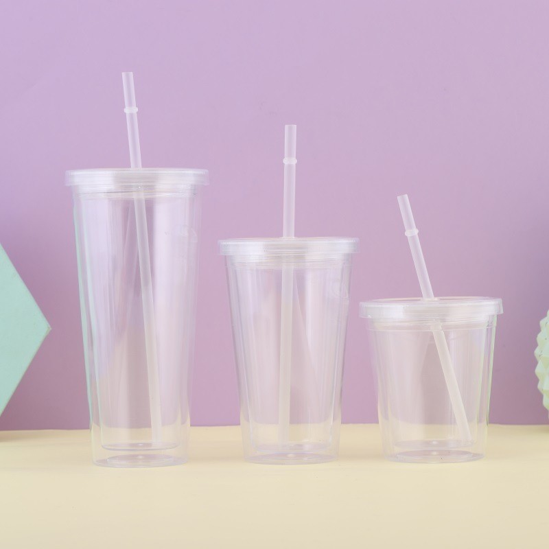 [P&amp;W] 雙層塑膠吸管杯發光杯子奶茶杯帶吸管大容量可插紙水杯可添加
