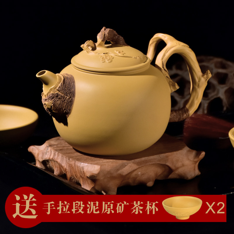 玄雕宜興名家陳東鑄紫砂壺純手工原礦段泥水平壺創意茶壺茶具套裝