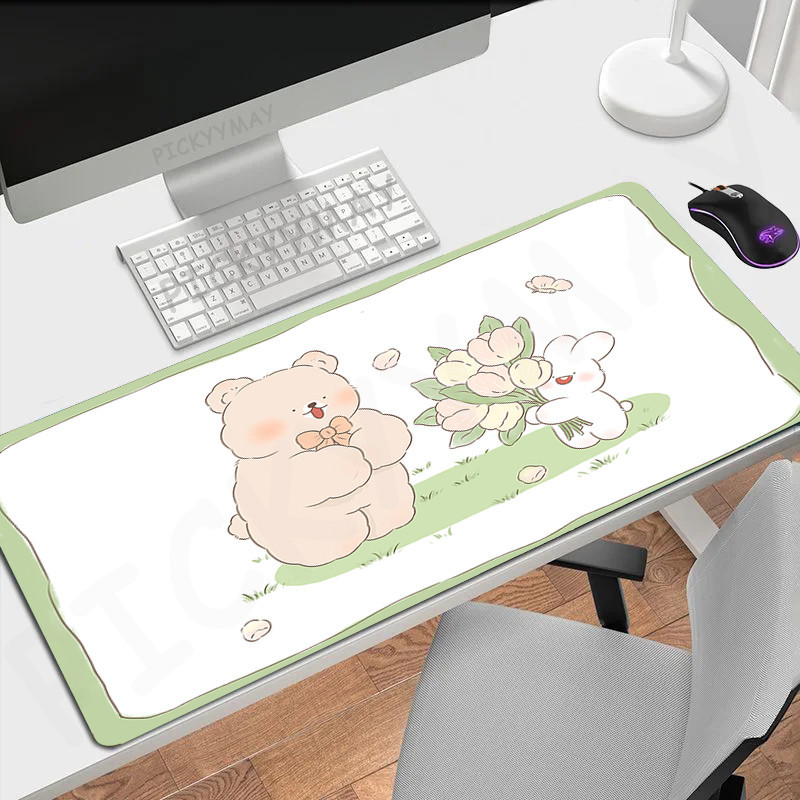 鼠標墊可愛兔子和熊桌女士電腦鼠標墊公司大桌墊 100x50cm 大號遊戲鼠標墊鼠標