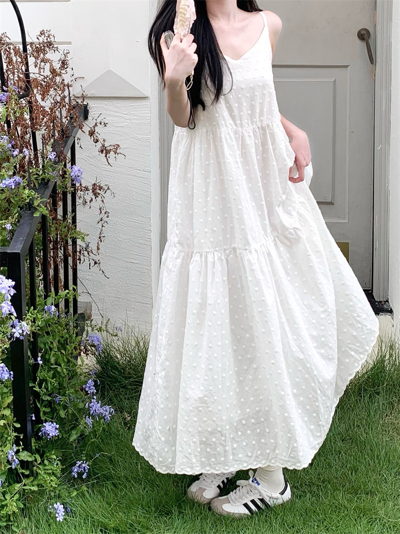 71261 繡花溫柔白色無袖洋裝度假長裙