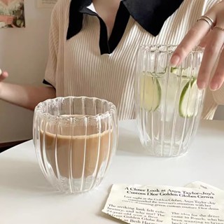 【🚚臺灣現貨🚚超值優惠中】ins咖啡館豎條紋雙層玻璃杯 冰美式咖啡杯拿鐵杯拉花杯飲料杯