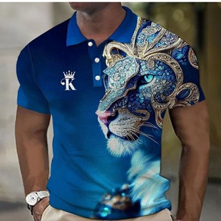 動物男式 Polo 衫 3d 獅子印花休閒日常翻領上衣 T 恤兇猛野獸 T 恤男裝夏季短袖