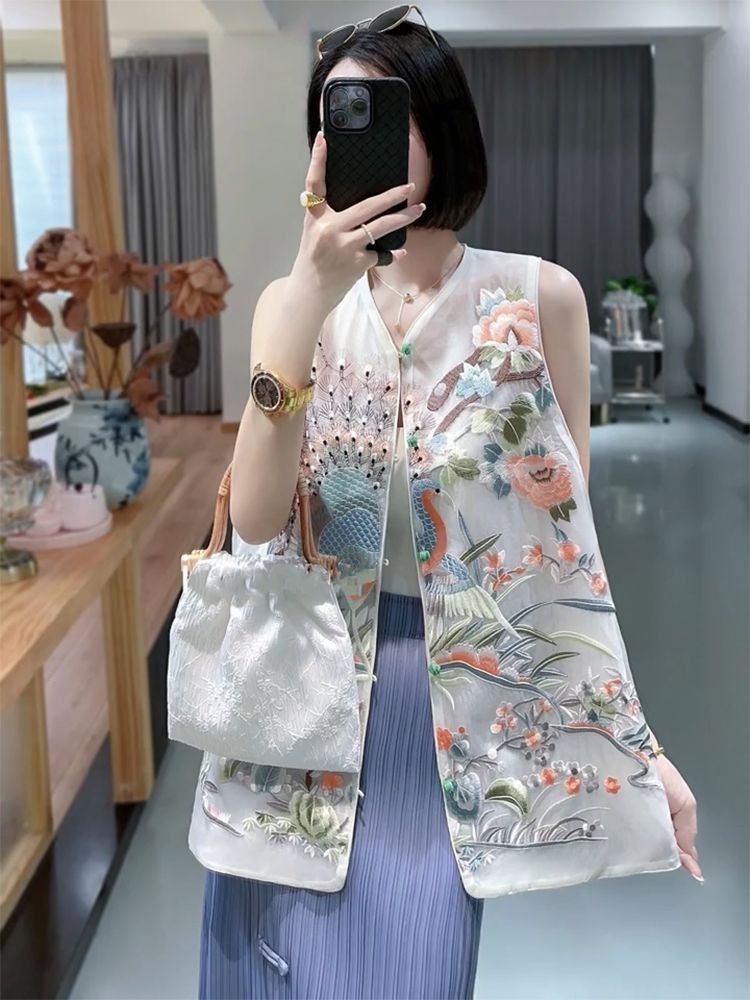 新品熱銷 新中式國風女裝2024年春夏季新款中國風唐裝上衣白色刺繡馬甲背心