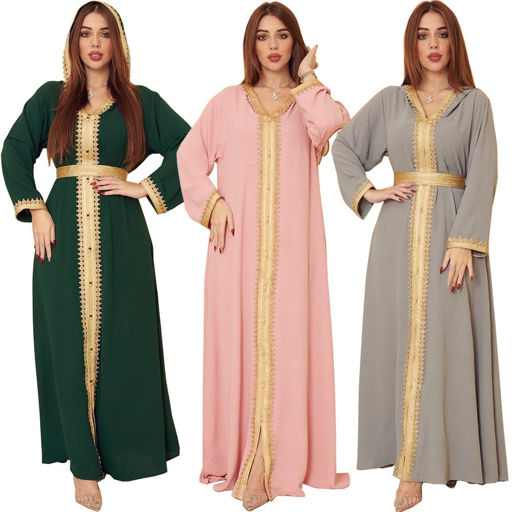 ♞,♘AB183 中東亞麻綠色穆斯林沙特阿拉伯連帽女裝abaya洋裝大擺裙