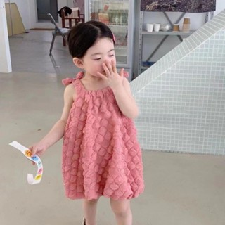 女童兒童吊帶裙2024夏季新款韓版蓬蓬群華夫格公主風洋裝