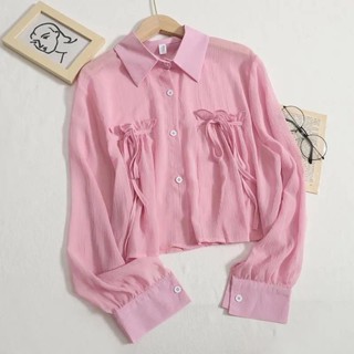 現貨 新品熱賣 女生超仙防曬雪紡襯衫 冰絲防曬襯衫女2022夏季新款設計感短版翻領抽繩長袖雪紡衫上衣潮