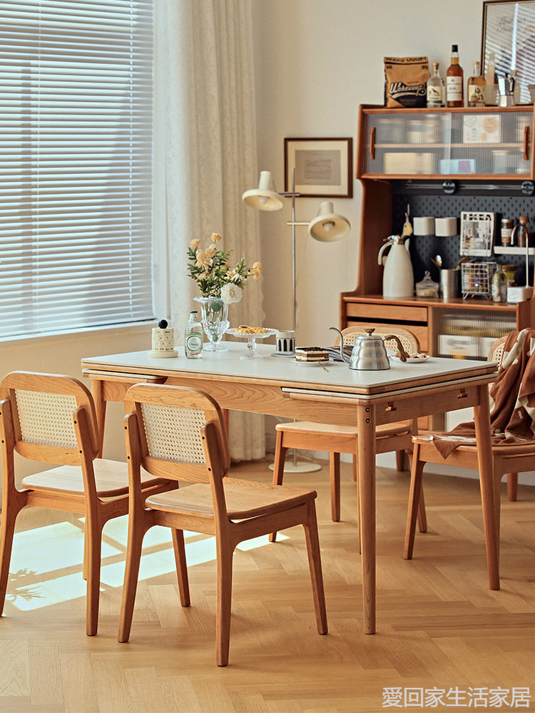 &lt;免運費&gt;可伸縮 實木岩板餐桌 北歐日式奶油原木風簡約折疊小戶型 餐桌椅組合