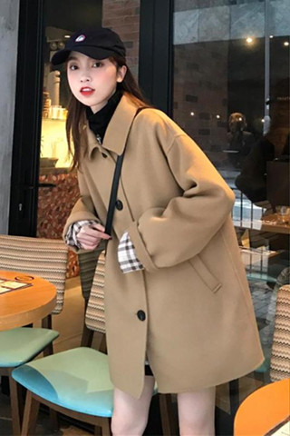 【臺灣出貨】 韓版簡約通勤毛呢外套秋冬復古寬鬆小個子風衣中長款POLO衫鈕扣