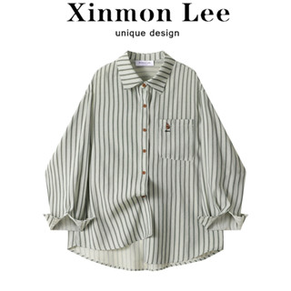 XinmonLee法式復古條紋長袖防晒襯衫外套女春秋寬鬆休閒襯衫上衣