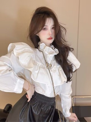泡泡袖襯衣 娃娃領 蕾絲長袖襯衣 燈籠袖上衣女 雪紡襯衫女 大碼娃娃領上衣 喇叭袖 學院風襯衣 露肩