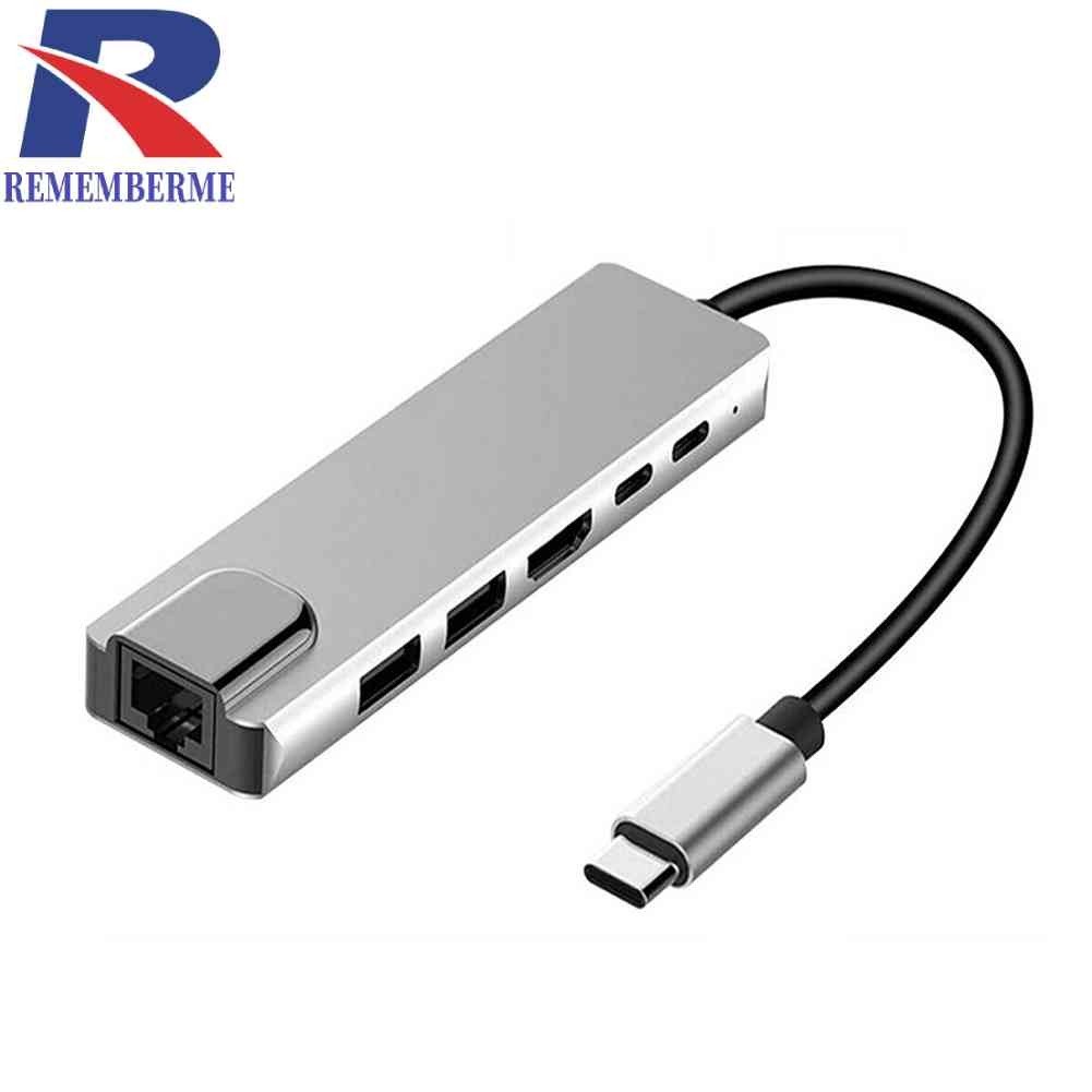 ♞6 合 1 USB C 集線器轉 4K HDMI USB 3.0 2.0 PD RJ45 網卡適配器,適用於 PC