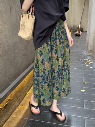 64279 綠色碎花高腰開叉半身裙