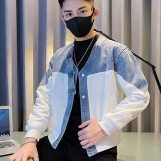無領夾克男秋季潮牌拼接牛仔男裝上衣2025新款春秋痞帥氣短版外套