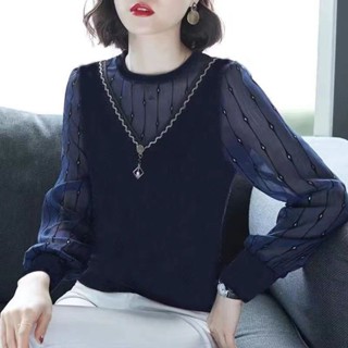 秋季新款大尺碼女裝 蕾絲網紗長袖中年媽媽遮肚打底T恤寬鬆上衣