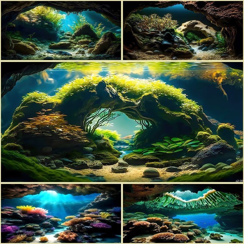 現貨熱銷 海底世界魚缸背景畫貼紙山水風景3d立體水族魚缸造景壁紙高清訂製