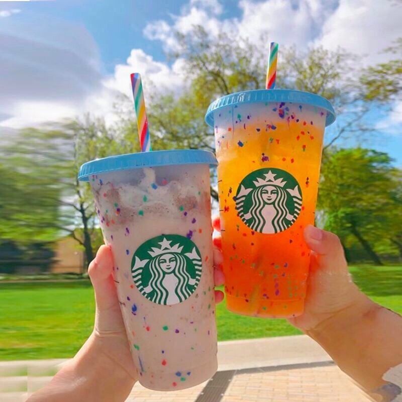 STARBUCKS 現貨星巴克變色杯雪花杯冷變杯彩虹吸管可重複使用英文版(ice