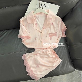 【店鋪熱銷】2025新款冰絲睡衣女夏季套裝粉色蕾絲邊天鵝波點短袖家居服可外穿