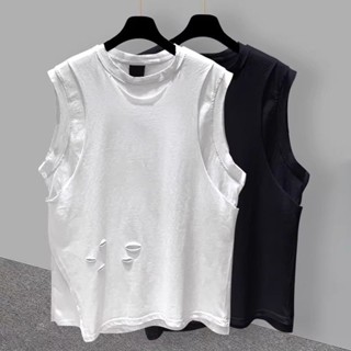 【小溪】 【店鋪熱銷】特大碼150.0kg假兩件破洞無袖潮男t卹夏季潮流體恤寬鬆坎肩背心上衣