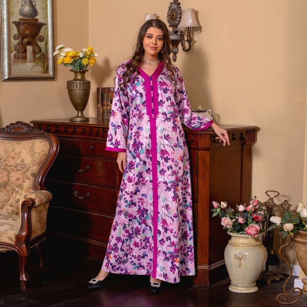 ♞,♘,♙AB281 迪拜土耳其2023春季abaya女裝時尚玫紫色洋裝中東印花裙