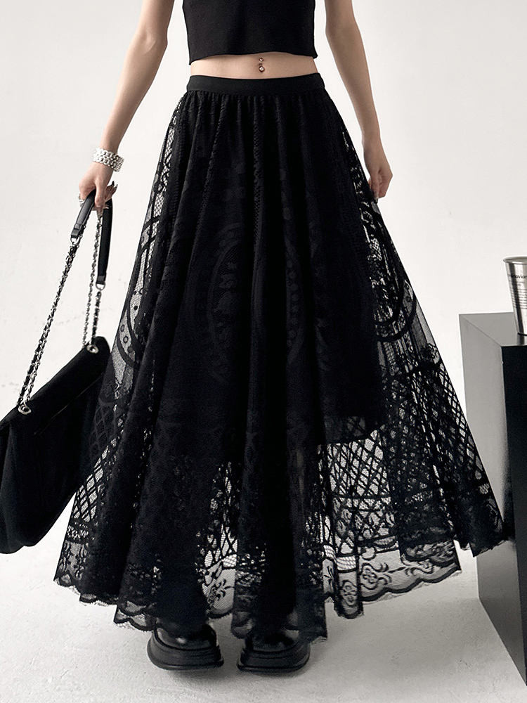 ；  ；   法式高級感黑色蕾絲高腰半身裙女夏季薄款垂墜感中長款a字傘裙