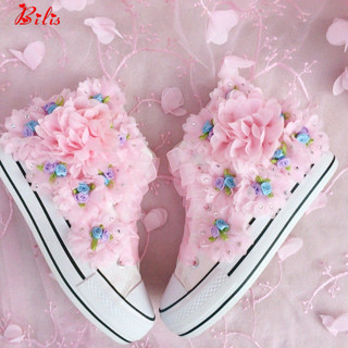 ✨碧麗斯✨ 韓國夢幻雪紡花朵水鑽紗帶抽繩厚底單女鞋內增高平底帆布鞋包