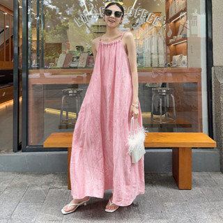 粉色無袖洋裝 夏季吊帶洋裝 時尚寬鬆長裙