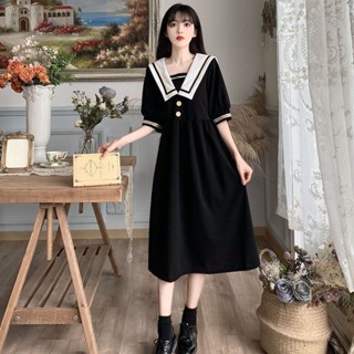 【現*貨】佰分佰/100kg內可穿/大尺碼女裝/ 大碼女裝/夏天新品復古學院風海軍領胖mm收腰遮肚顯瘦連衣裙/女生洋裝